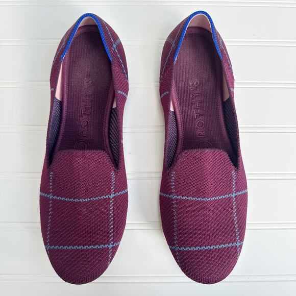 Rothy’s Burgundy Plaid Knit Loafers Women’s Slip-On Flats Washable Shoes Size 8 - Picture 1 of 9